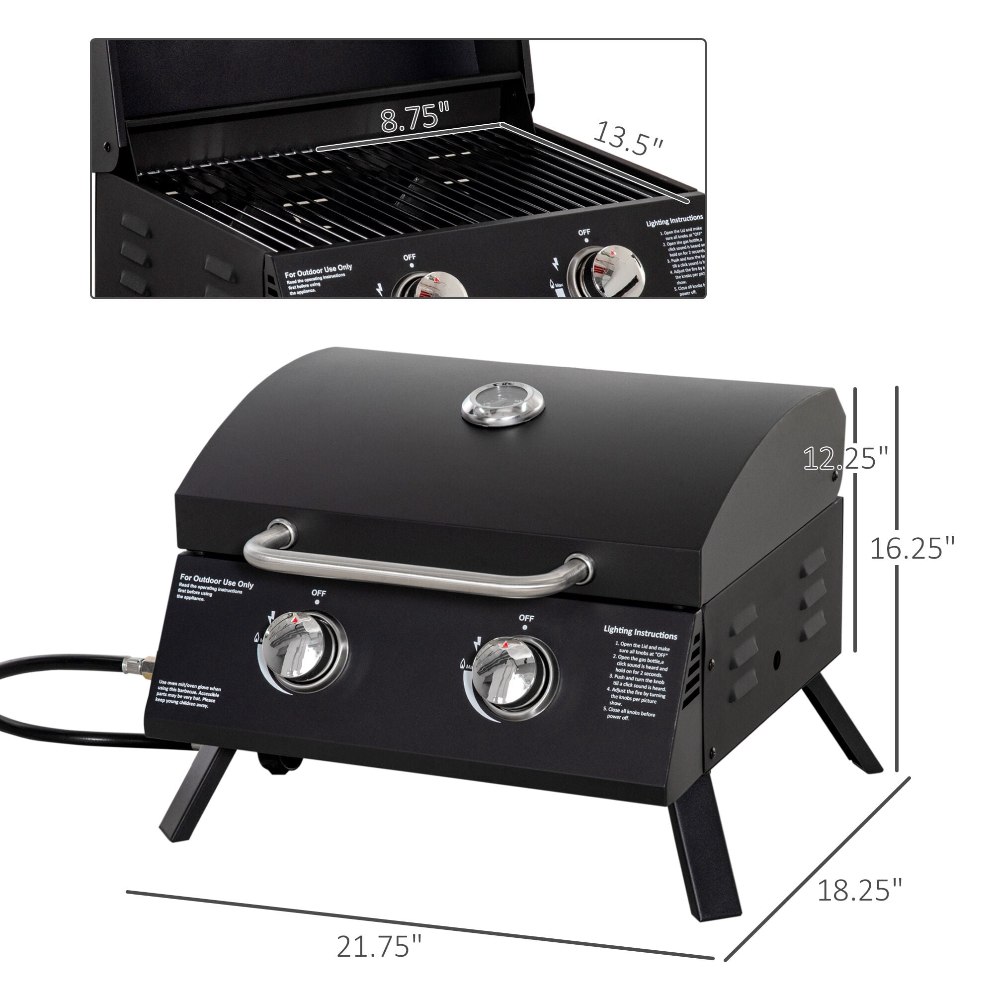 Outdoor Grill, 2 Burner Propane Gas Grill Outdoor Portable Tabletop BBQ with Foldable Legs, Lid, Thermometer for Camping, Picnic, Backyard, Black, Black BBQ Grill,Carbon Steel Tabletop Grill