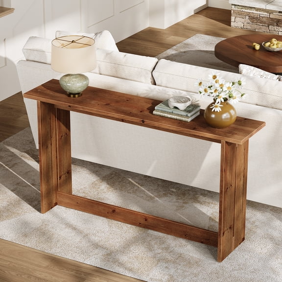 Fnova 63" Solid Wood Long Console Table, Farmhouse Entryway Table with Sturdy Rectangular Base, Sofa Table Behind Couch for Living Room, Hallway, Foyer, Brown