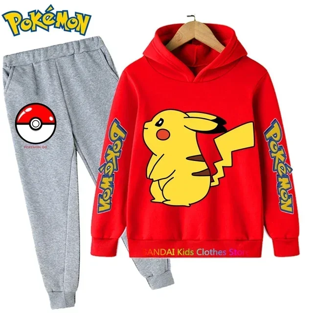 Conjunto de manga larga de Pikachu para niños, chándal informal de Pokémon, Sudadera con capucha y pantalones, 3 a 14 años