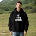 thumbnail image 3 of Men's Long Sleeve Hooded Pullover Sweatshirt - Black with Bold ' IONS YOUR BUSINESS ' Text Front Pocket Relaxed Fit Drawstrings, 3 of 7