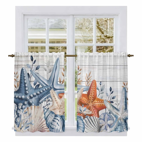 Orange Blue Starfish Coastal Kitchen Curtain for Berdoom Living Room Cafe 54 Inch Length, Summer Beach Eucalyptus Retro Tiers Curtains Light Filtering Drapes Window Treatment 2 Panels 52"Wx54"L