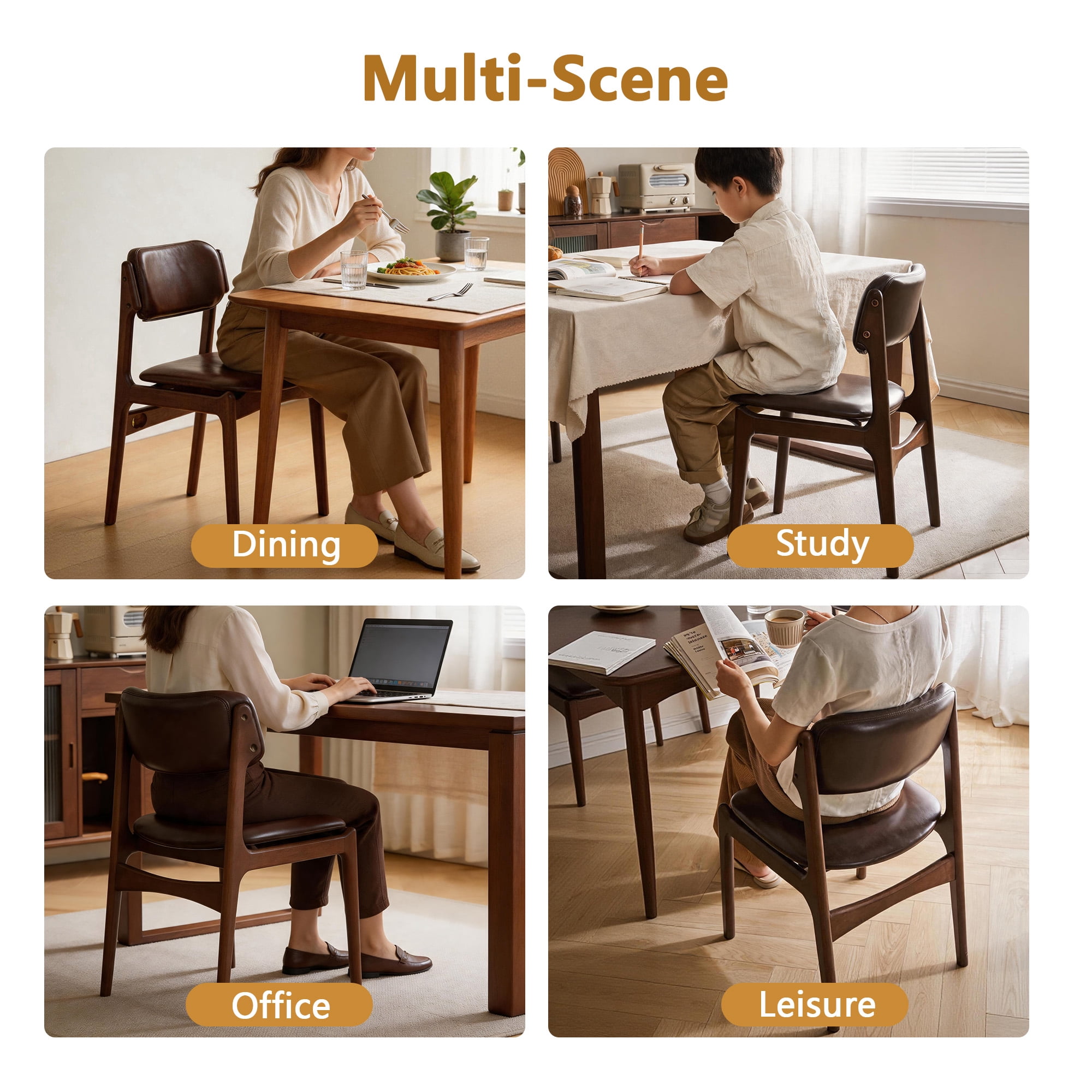 Dining Chair 17.72 Inch, Solid Wood Frame with Brown PU Leather Upholstered Seat for Dining Room Coffee Shop