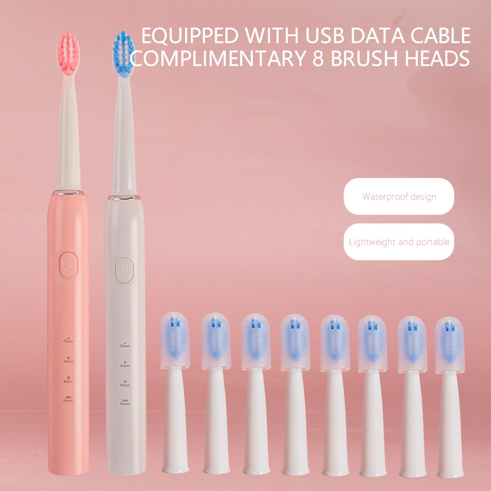 Wovilon Portable Toothbrush Toothes Brush For Adults With 8 Replacement Whitening Cleaning Electronic Families Couples White