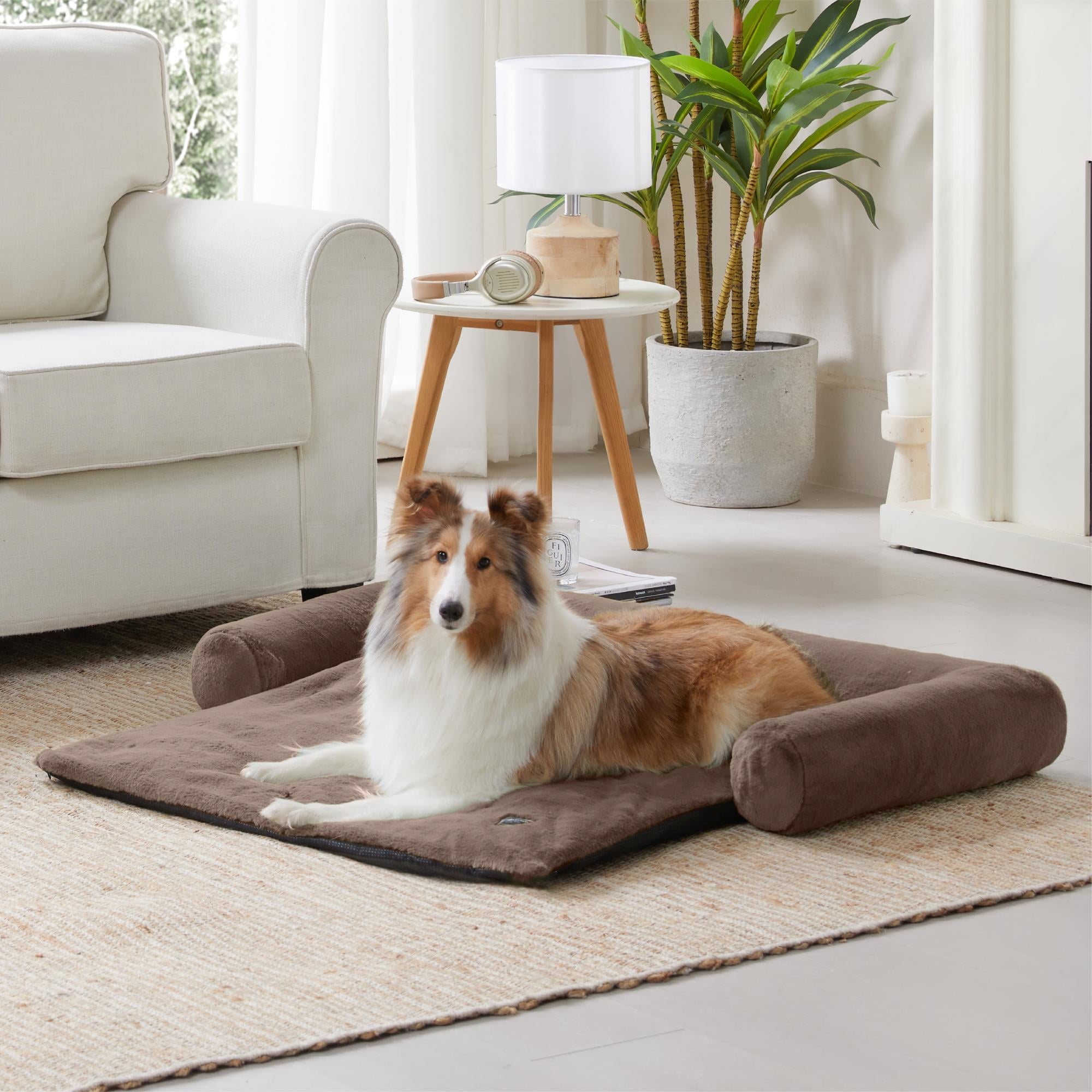 allisandro Calming Furniture Protector Dog Bed with Soft Neck Bolster, Waterproof Faux Fur Couch Cover with Removable Cover, 45 x 40 x 5 Inches, Bear Brown