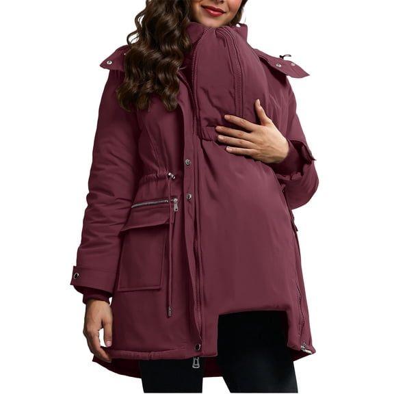 Riecok Maternity Winter Coat 3 in 1 Puffer Hooded Jacket Solid Long Sleeve Zip up Thick Parkas Outerwear with Pocket
