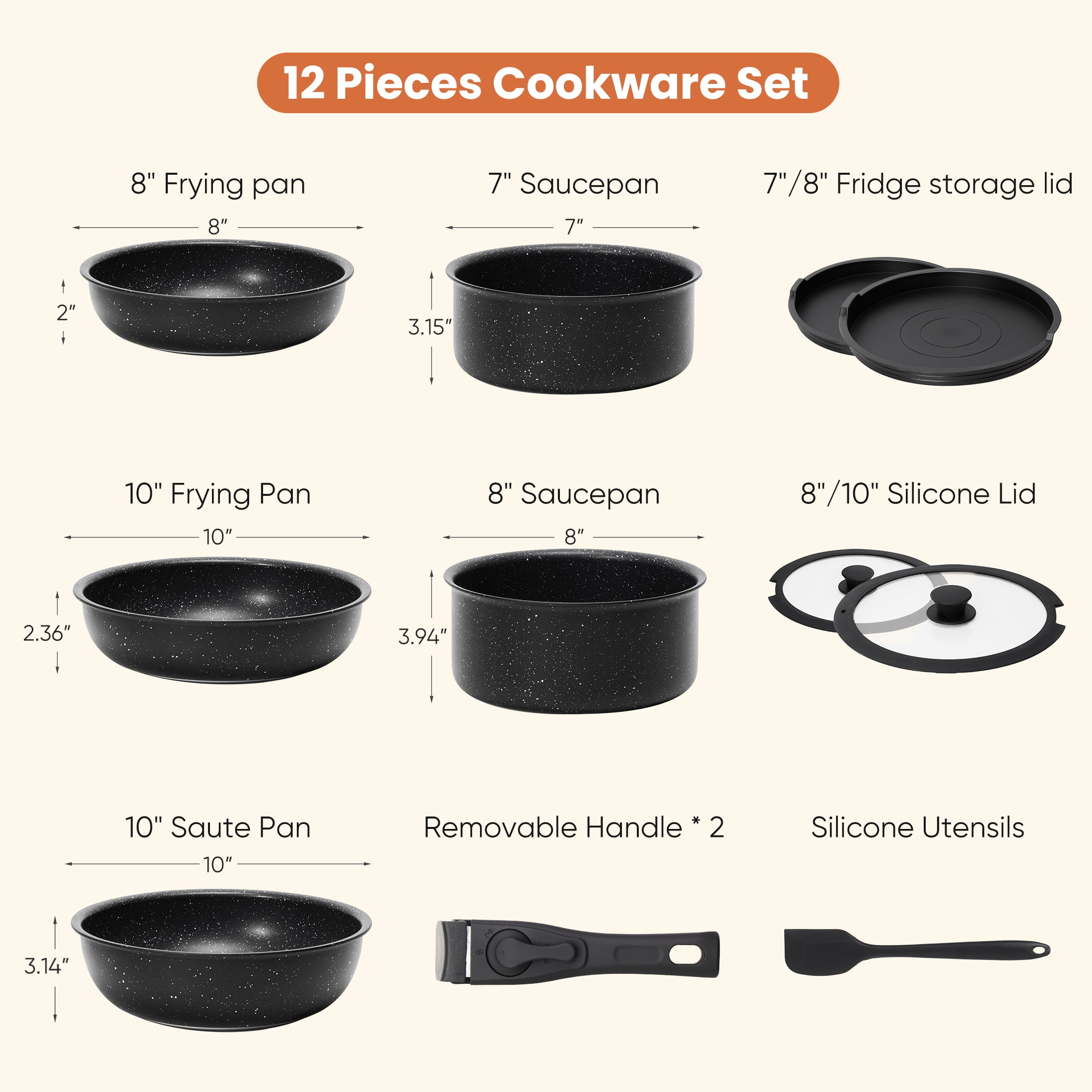 JIOABL 12 Pcs Non-Stick Cookware Set, Complete with Pots and Pans Featuring Detachable Handles, Beige