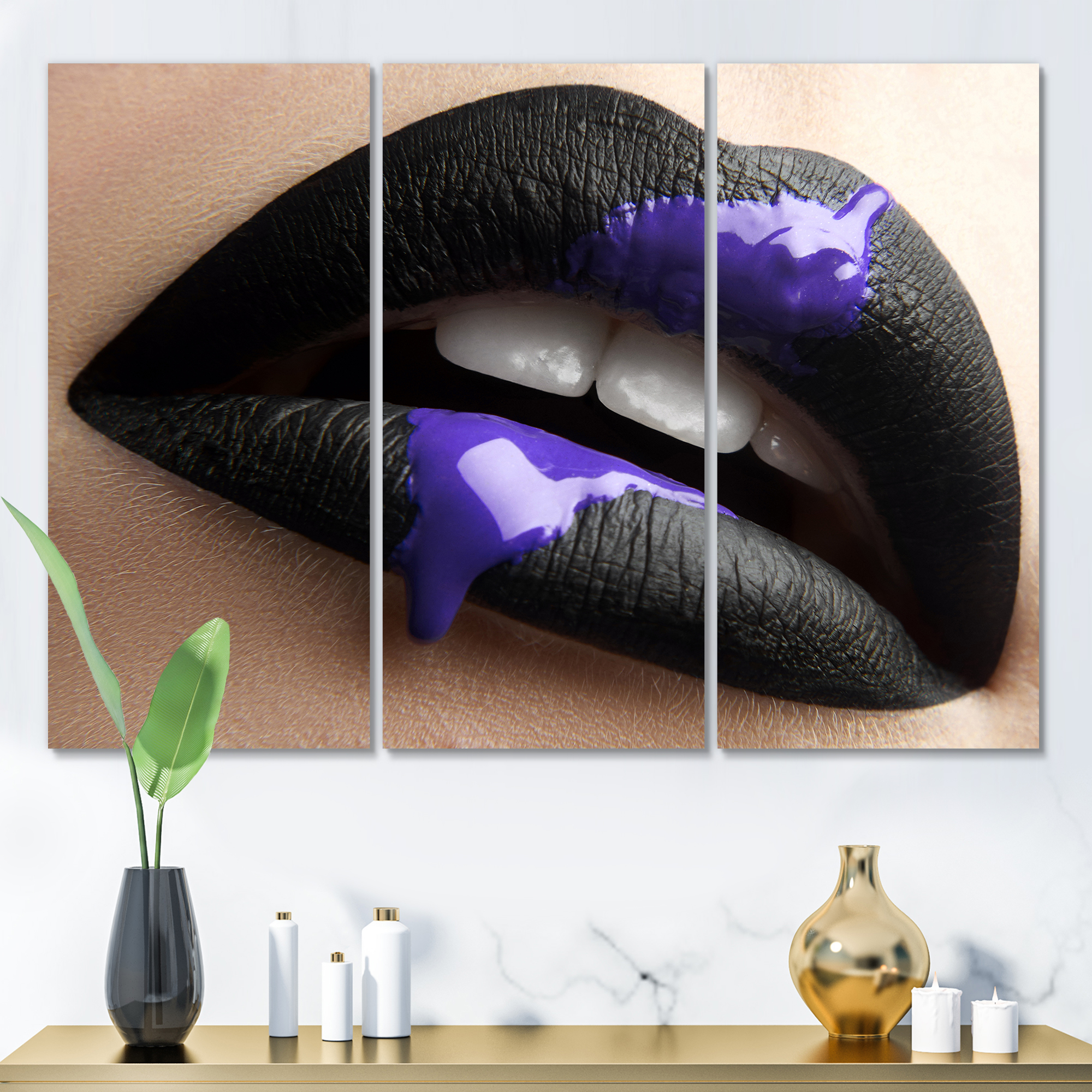 Designart ' Woman Lips With Black Lipstick & Purple Paint ' Modern Canvas Wall Art Print