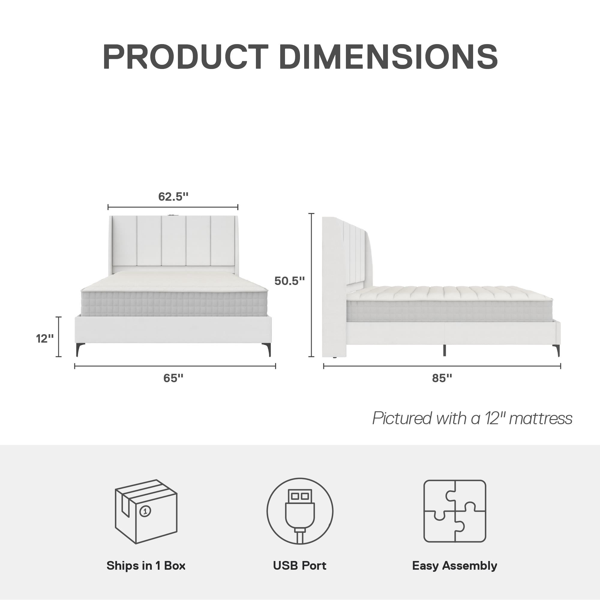 DHP Lamora Upholstered Wingback Bed Frame with USB, Queen, Light Gray Linen