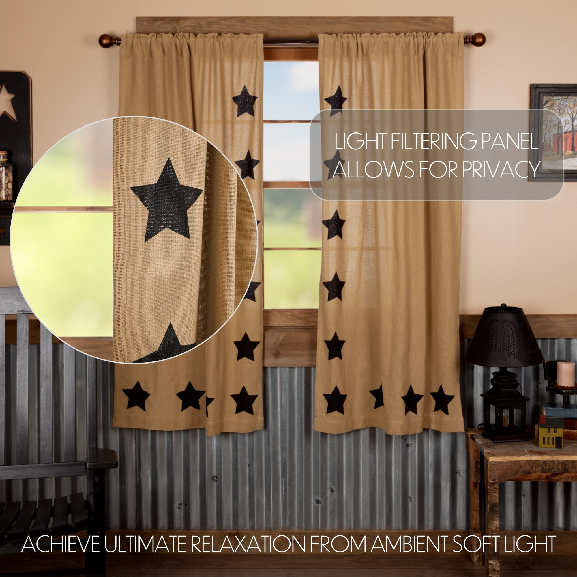 VHC Brands Burlap Natural with Black Stars Primitive 63"x36" Panel Pair Tan Rod Pocket Stenciled Cotton Tie Back(s) Window Curtains