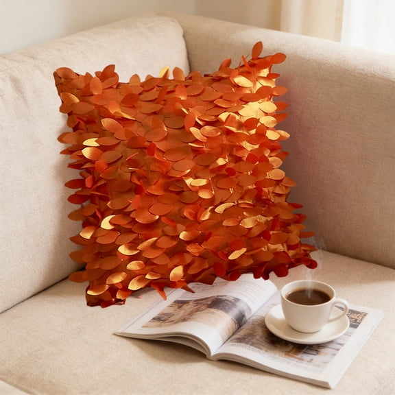 Leaf Sequin Throw Pillow Covers 18x18 Inch Soft Satin Square Pillowcases with Hidden Zipper,for Sofa Bedroom Office Outdoor Decor （Orange）
