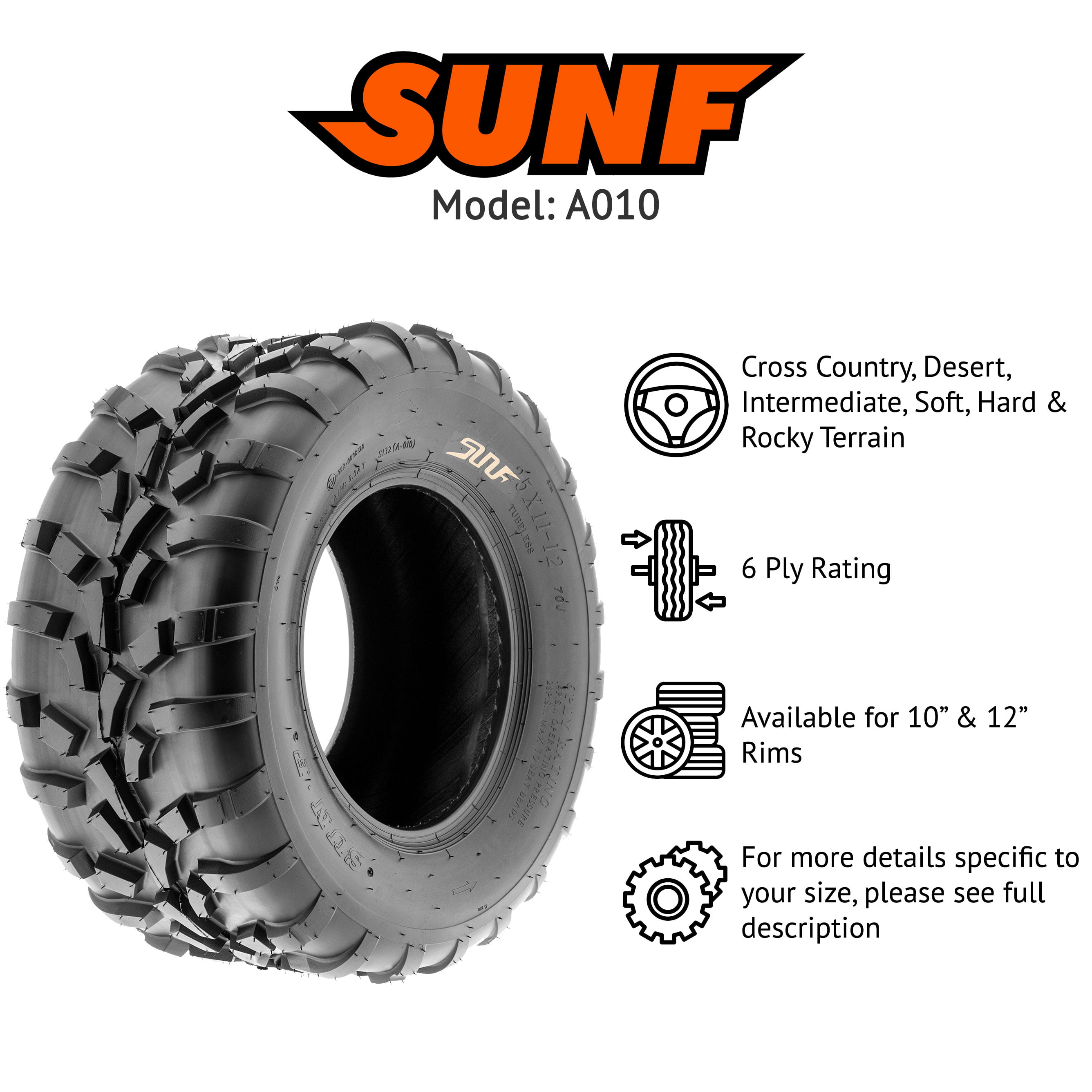 Set of 2 SunF 25x11-10 ATV UTV Tires 25x11x10 All Trail Tubeless 6 PR A010 
