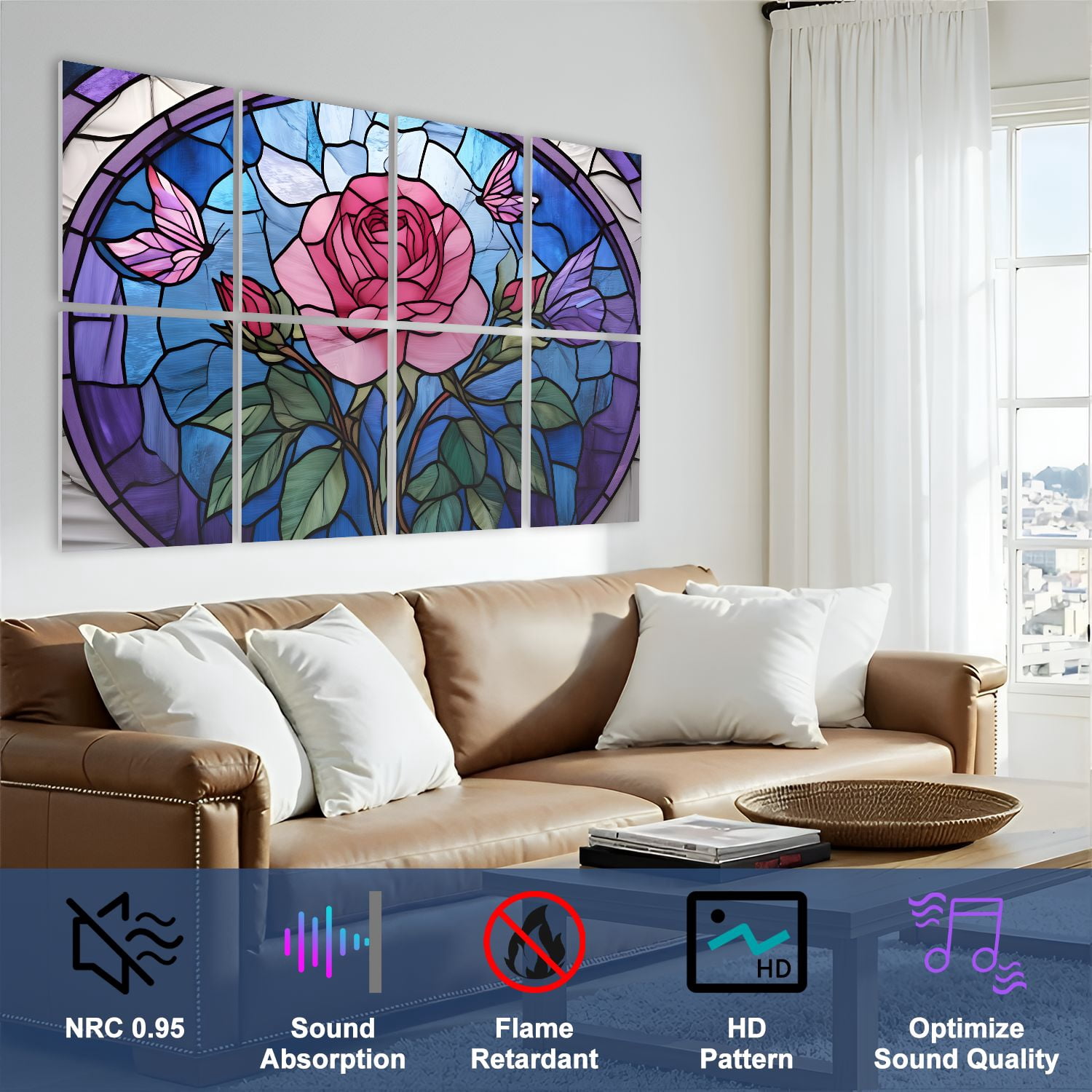 Stained Glass Style 8 Pack Art Acoustic Panels Sound Absorbing Rose Butterflies Vibrant Decorative Soundproof Wall Panels Self Adhesive for Nursery Game Room Bedroom 48"x32"