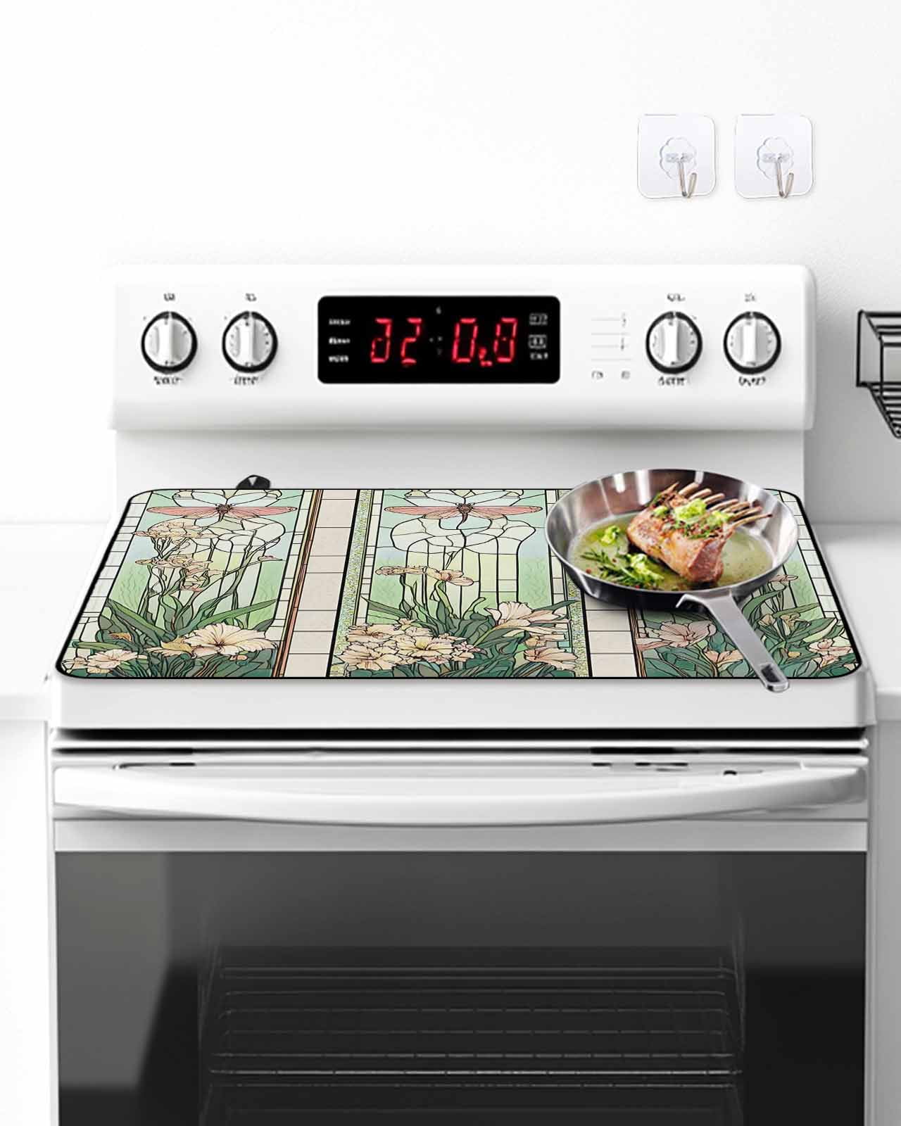 Stove Top Covers for Electric Stove, Butterfly Flowers Glass Stovetop Cover Protector, Vintage Stained Glass Green Spring Induction Cooktop Protector Oven Mat for Kitchen Countertop 24"x21"