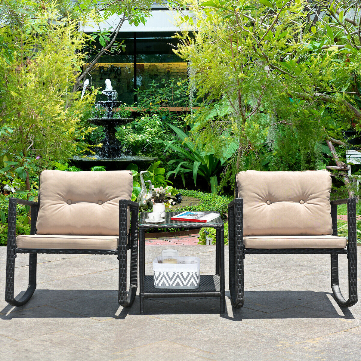 Gymax Set of 3 Rattan Rocking Chair Cushioned Sofa Unit Garden Patio Furniture - image 3 of 7