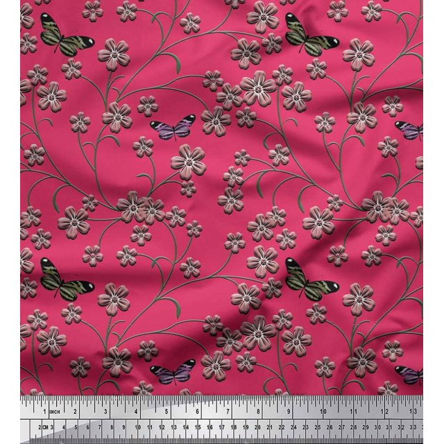 Soimoi Rayon Fabric Insect,Leaves & Flower Floral Print Sewing Fabric Yard 56 Inch Wide