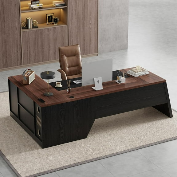 L-Shaped Executive Desk with Drawer, 78-Inch Large Home Office Desk with Cord Hold and Power Outlet, Modern Computer Table with Lateral File Cabinet,Open Shelf and PC Stand, Brown Black