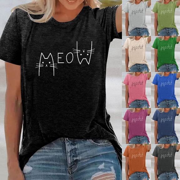 HCYSFG Womens Cute Cat Graphic T-Shirt Short Sleeve Crewneck Kitten Print Top Funny Animal Lover Summer Tee Casual Soft Fashion Shirt