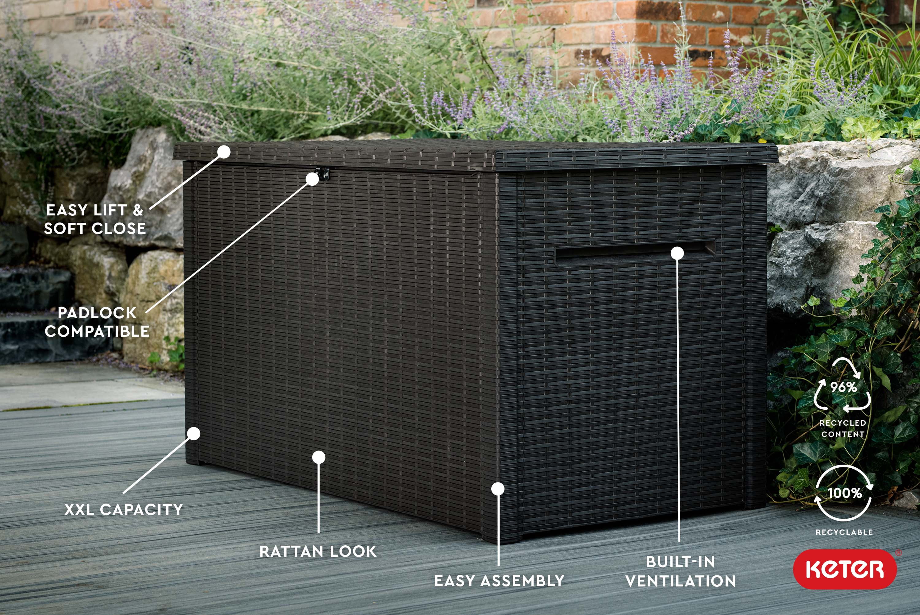 Keter Java 230 Gallon XL Durable Resin Outdoor Deck Box Storage Organization, Wicker Espresso Brown