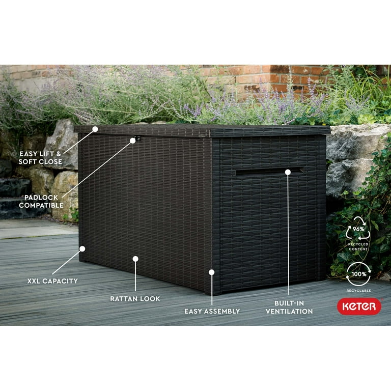 Keter Java 230 Gallon Rattan Style Resin Deck Box, Easy Outside