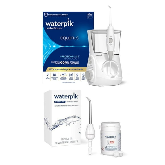 Bundle with Waterpik Aquarius Water Flosser, White WP-660 and Boost Flossing Tip with 30 Whitening Tablets, Electric Dental Countertop Professional Oral Irrigator, Genui