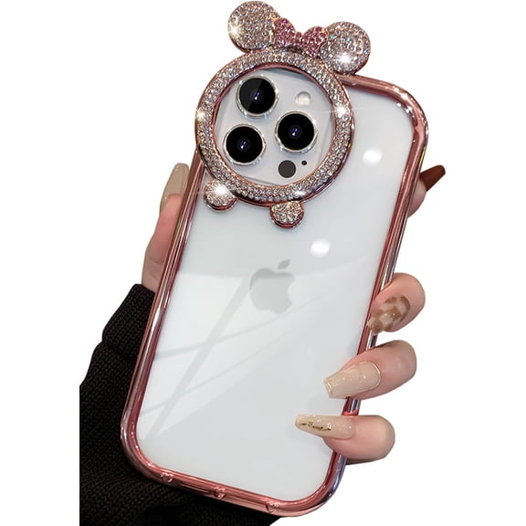 Cute Girly Clear Case for iPhone 13 Pro Max [Diamond Round Camera Frame], Glitter Sparkly Luxury Plated Edge for Women & Girls, Soft Slim Shockproof Protective Case 6.7” (Rose Gold)