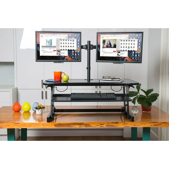 Rocelco 37.5" Deluxe Height Adjustable Standing Desk Converter with Dual Monitor Mount BUNDLE | Quick Sit Stand Up Computer Workstation Riser | Large Retractable Keyboard Tray | Black (R DADRB-DM2)