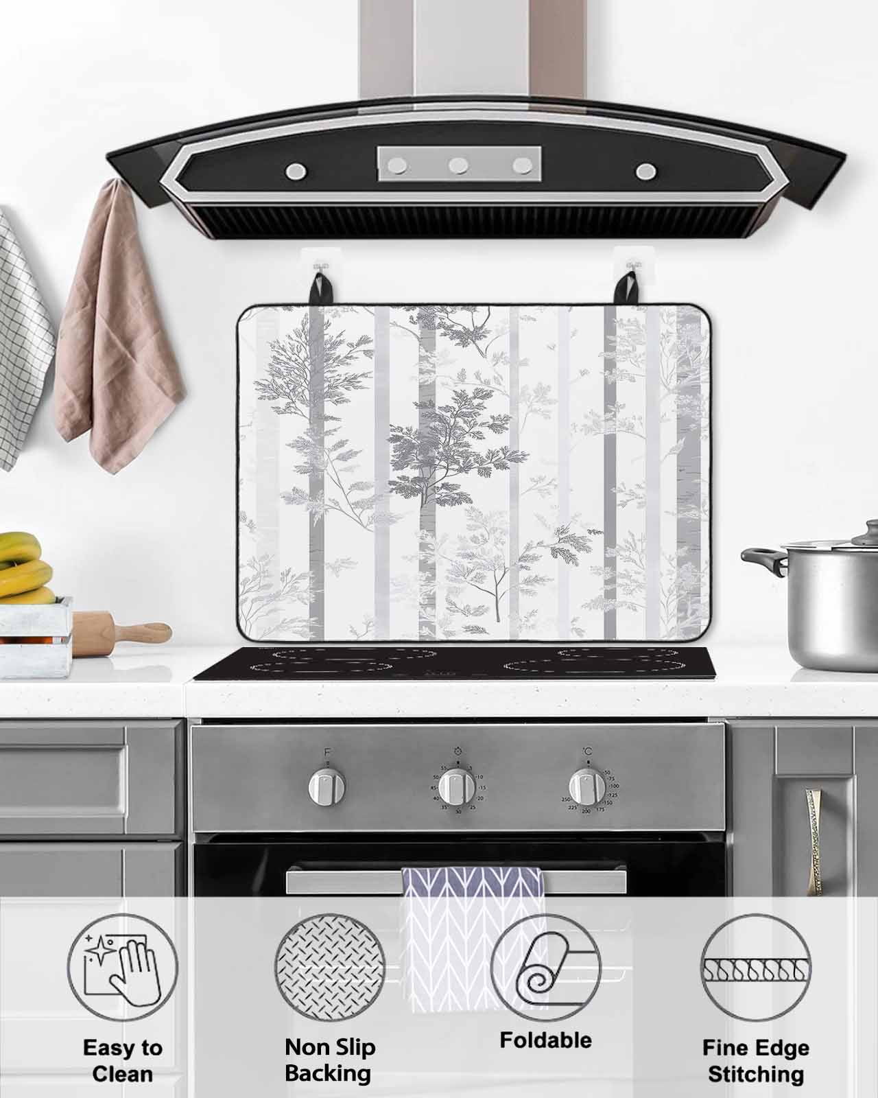 nqOlkjepod Large Induction Cooktop Protector Mat 24"x21", Grey Forest Striped Stove Top Covers for Electric Stove, Gray Ombre Tree Branches Decorative Stove Burner Cover Mats, Glass Top Stove Cover