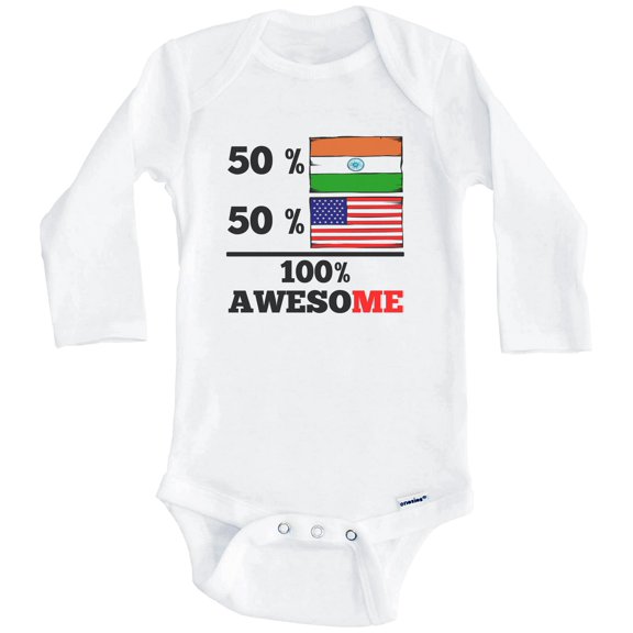 50% Indian 50% American 100% Awesome Funny India Flag One Piece Baby Bodysuit (Long Sleeve), 0-3 Months White