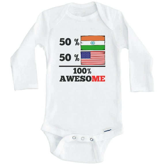 50% Indian 50% American 100% Awesome Funny India Flag One Piece Baby Bodysuit (Long Sleeve), 6-9 Months White