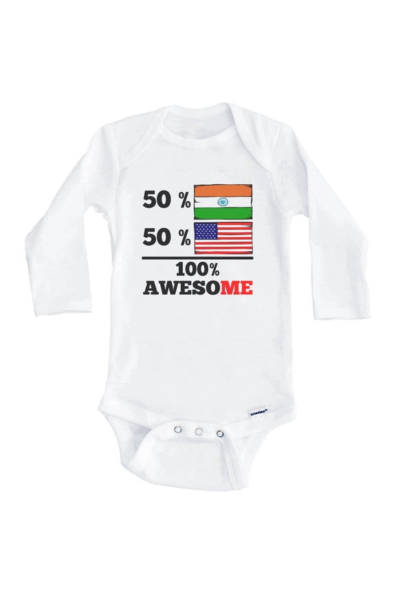 50% Indian 50% American 100% Awesome Funny India Flag One Piece Baby Bodysuit (Long Sleeve), 6-9 Months White