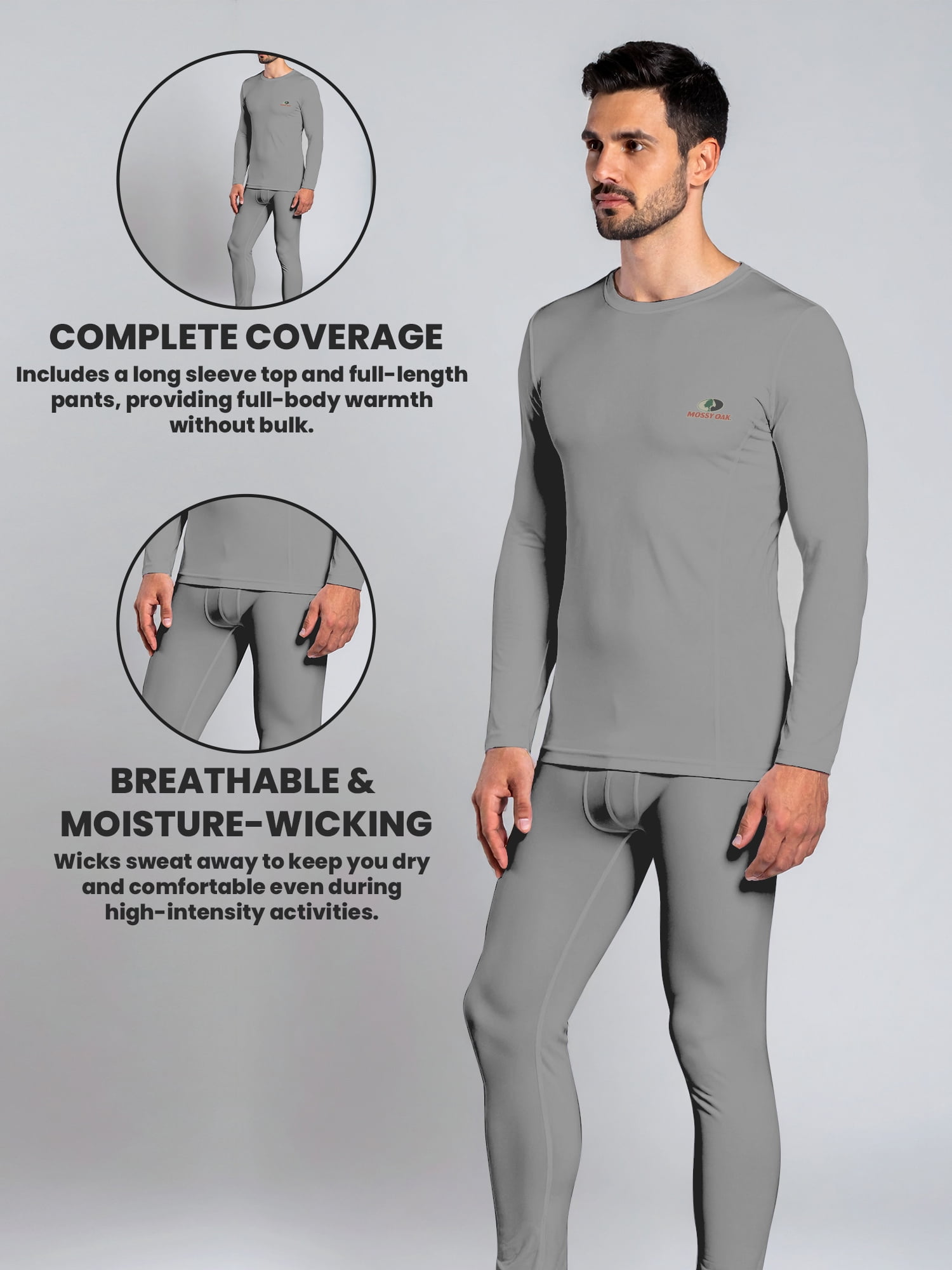 Mossy Oak Men’s Base Layers Set Compression Pants & Shirt Thermal Wear for Men, Grey Melange Small