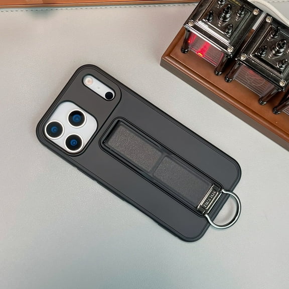 Compatible with iPhone 17 Pro Max Case with Stand, with Hidden Adjustable Kickstand PU Leather Hand Strap, TPU   PC Drop Protective Thin Slim Hybrid Phone Case with Finger Ring, Black