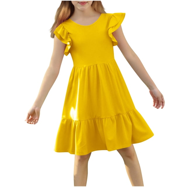 Cinvopg Girls Dresses Summer Casual Cute Flowy Dress Ruffle Short Sleeve Solid Swing Dresses