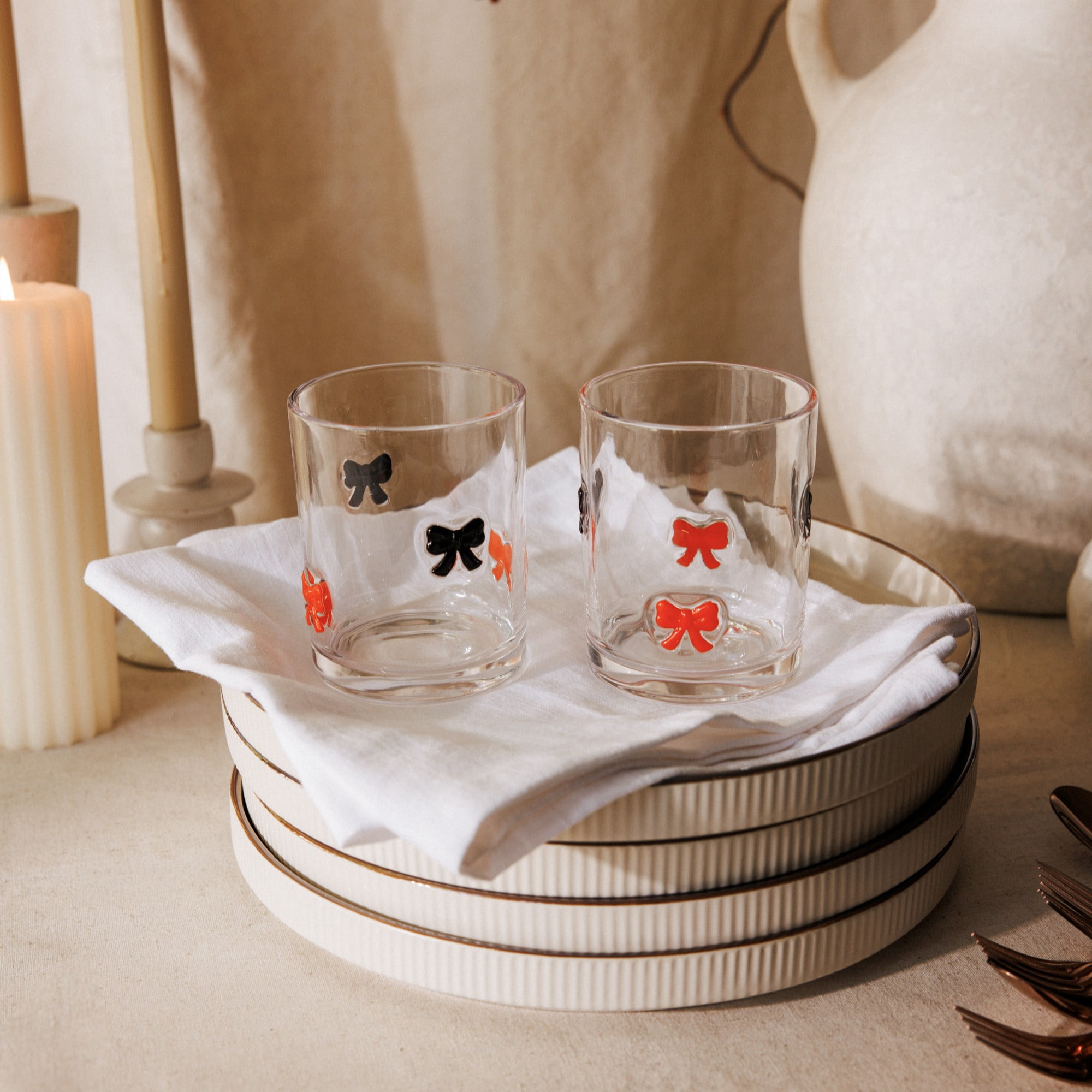Thyme & Table 12 fl oz Halloween Orange and Black Bow Charm Drinking Glasses, Set of 2