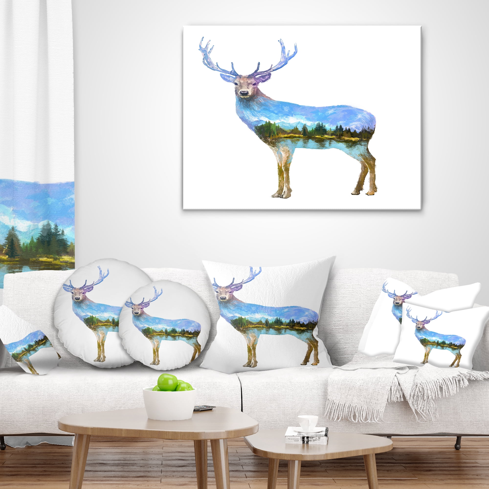 Designart Deer Double Exposure Illustration - Animal Throw Pillow - 12x20