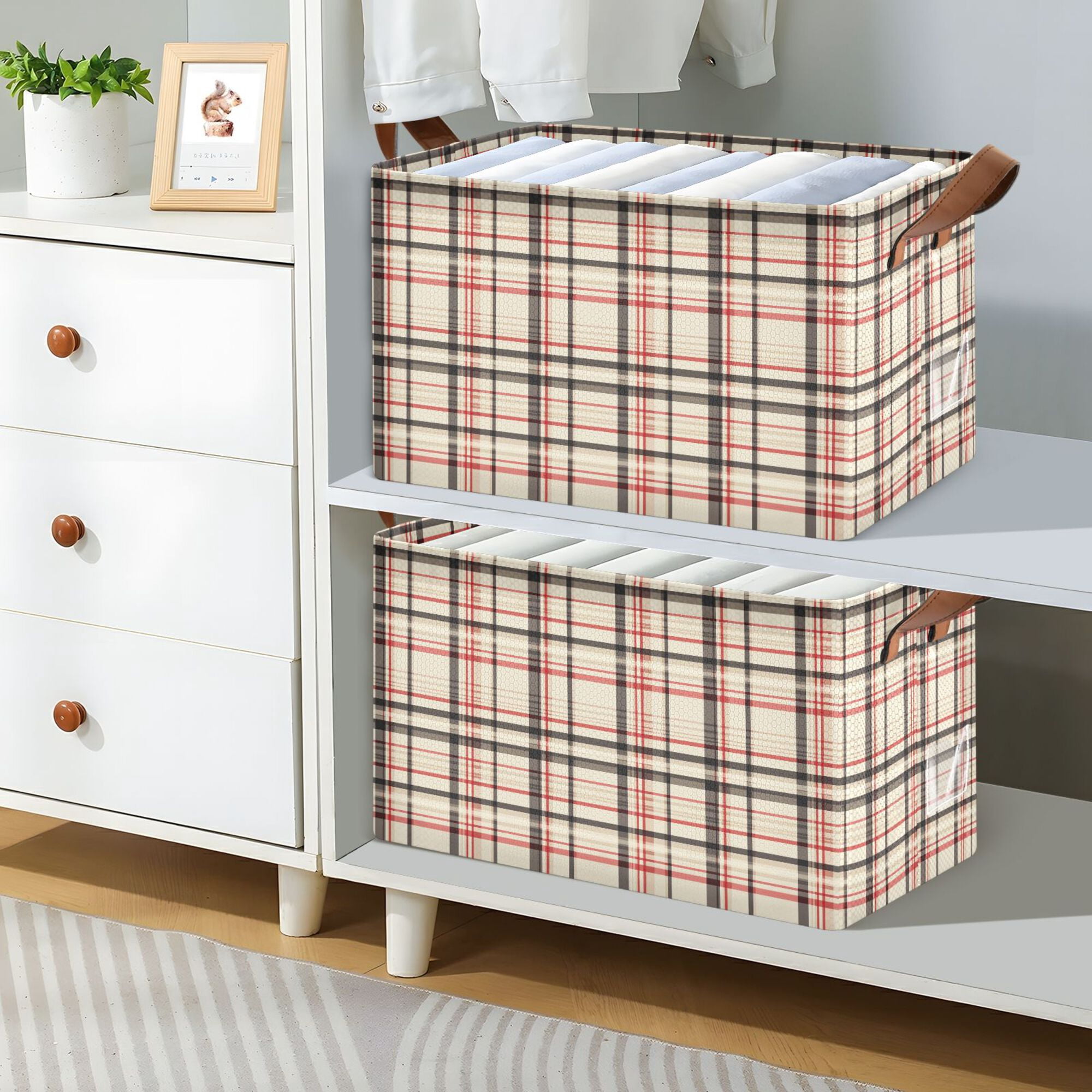 Yayeee Foldable Storage Basket for Shelves Set of 2 Waterproof Cloth Bins with Handles, Black Tartan