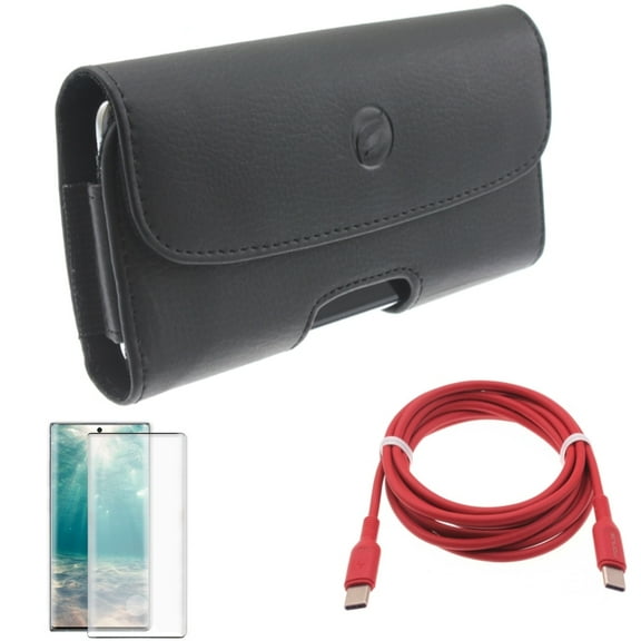 Case Belt Clip & Screen Protector & Red 6ft Long Cable for Samsung Galaxy Note 20 (6.7") - Combo with Leather Holster & Tempered Glass (Fingerprint Unlock) & USB-C to Type-C PD Fast Charger