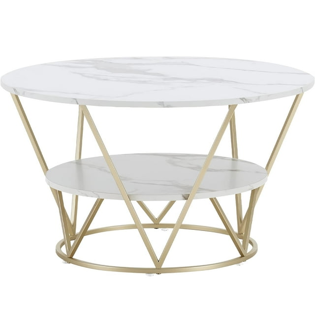 TOYTEXX Table Basse en Faux Marbre, Rangement à 2 Niveaux, Salon, Rectangulaire, MDF et Acier, Or Blanc