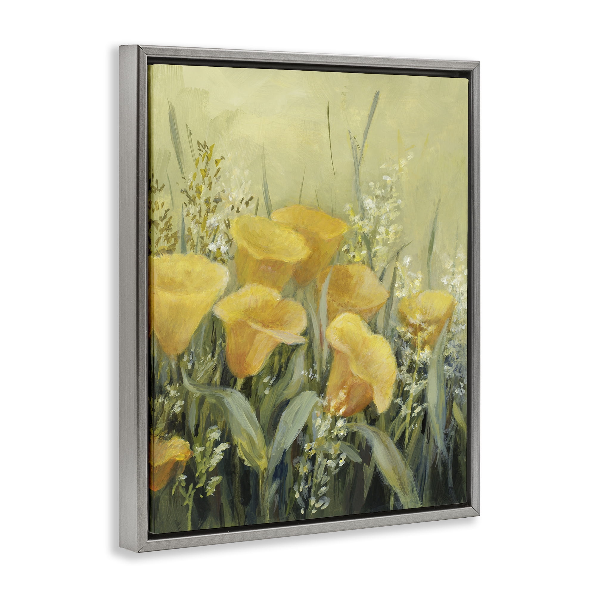 Stupell Industries Golden Horned Poppies Plants & Flowers Painting Gray Floater Framed Canvas Art Print Wall Art, 25 x 31