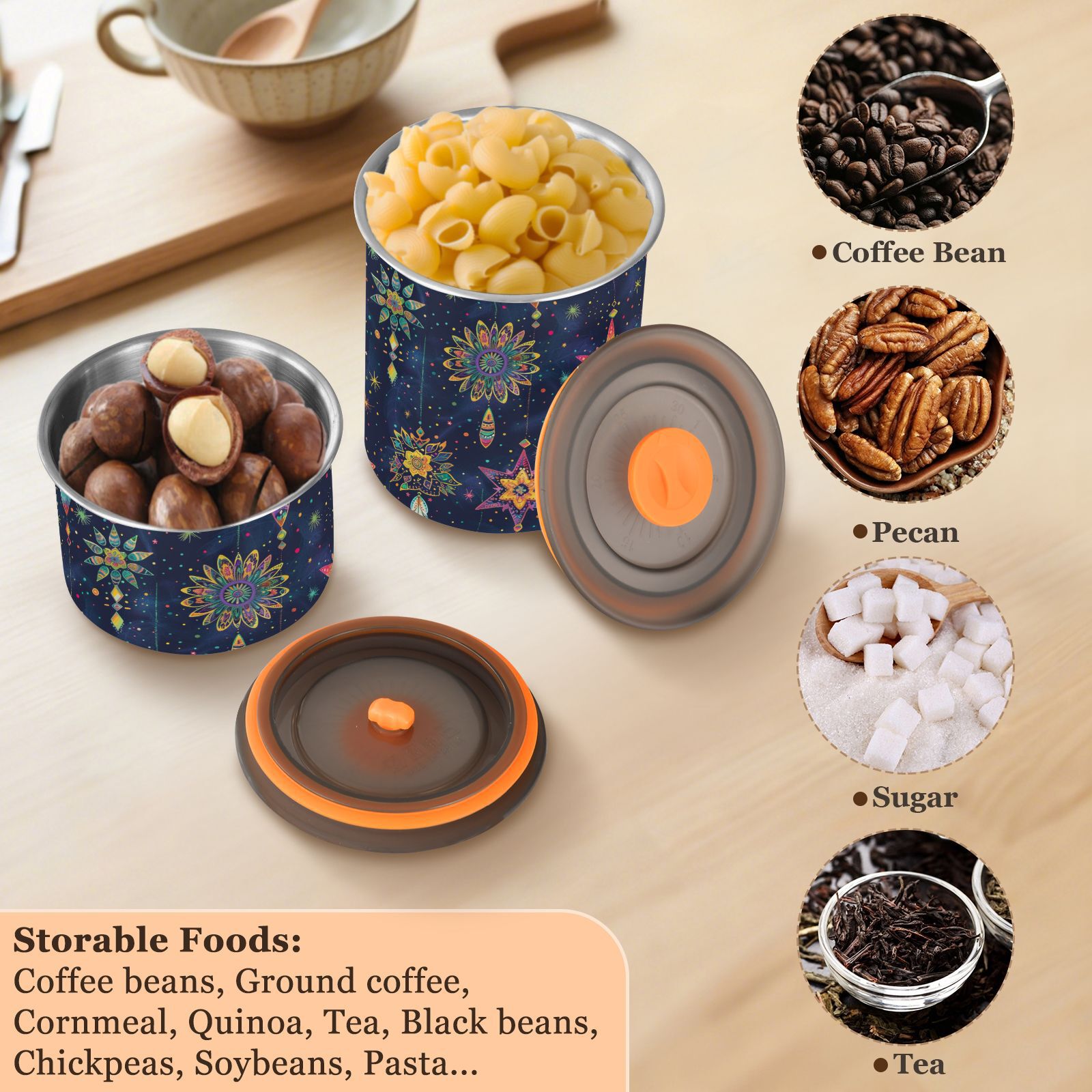 Boho Dreamcatcher Starry Sky Airtight Coffee Bean Canister 30oz Food Storage Containers with Lids For Gournd, Tea, Sugar, Flour, Rice, Cereal, Candy Cookie Jar