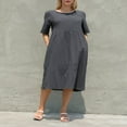 thumbnail image 4 of Robe à Manches Courtes pour Femmes Coton Lin Uni Décontracté Ample Ligne A Fête Plage, 4 of 7