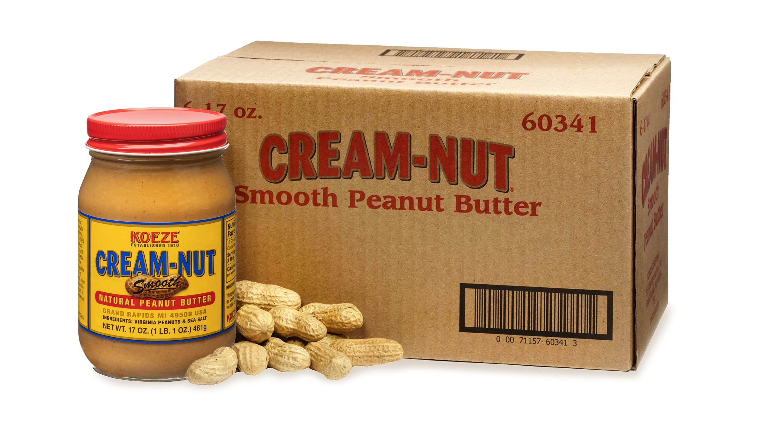 Cream-Nut Smooth Natural Peanut Butter, Six 17oz Jars