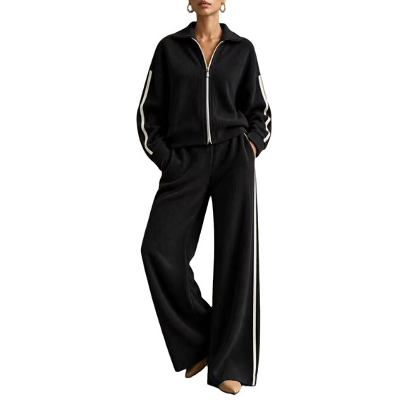 Szluipve 2 Piece Sets for Women 2 Piece Outfits Side Stripe Zip Up Collar Jacket & Wide Leg Pants Set Ribbed Textured Casual Tracksuit Loungewear Suit for Daily Travel Black 2XL