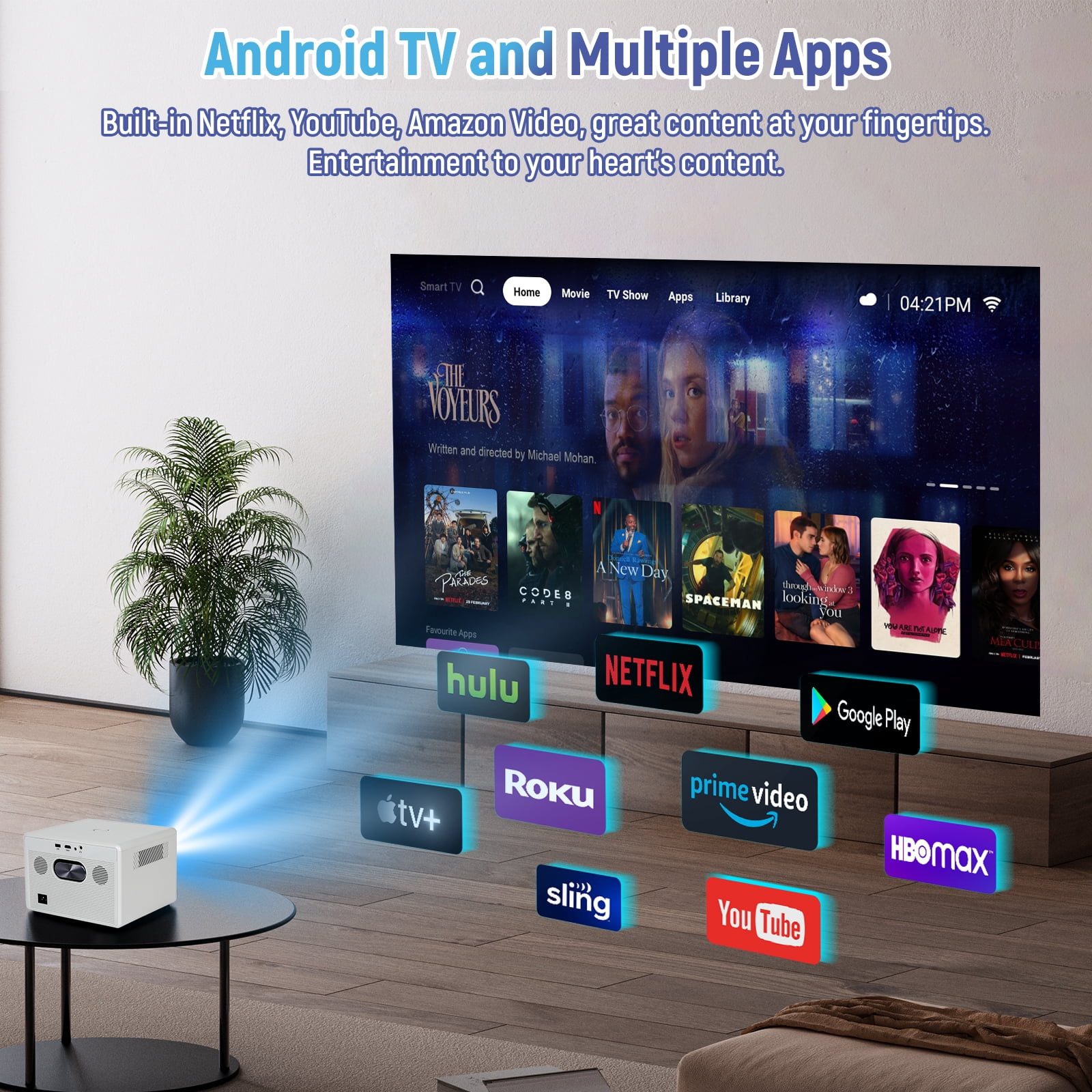 Motorized Focus,Smart Projector with WiFi and Bluetooth, 600ANSI Native 1080P Outdoor Projector, 50% Zoom Home Theater Movie Projector for Bedroom/Outside