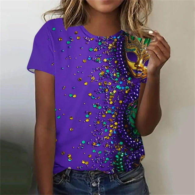 Ounisa 2025 Womens Short Sleeve Tops Mardi Gras Costumes Fashion Round Neck Color Printed Blouse
