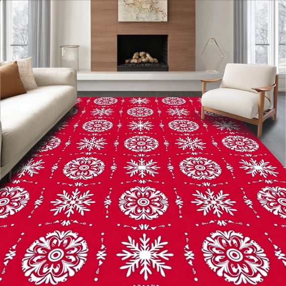 ODIKA 4'x6' Machine Washable Non-Slip Area Rug, Festive Snowflake Winter Wonderland Holiday Decoration Throw High Traffic Rug, Red, 505869