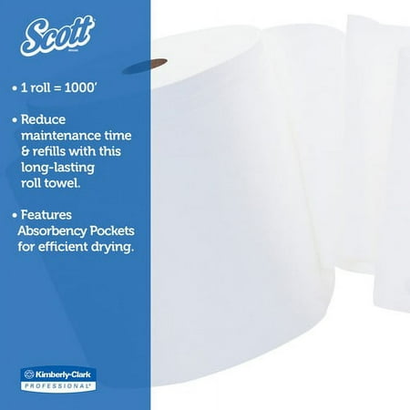 Scott High-Capacity Hard Roll 1 Ply - 8" x 1000 ft - 7.87" Roll Diameter - White - Paper - Chlorine-free, Soft, Absorbent, Nonperforated, Fragrance-free - For Washroom - 12 / Carton