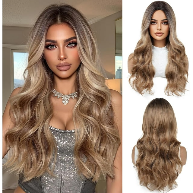 Yanonmyfd 24 Inches Long Wavy Purple Wig for Women Natural Synthetic Hair Heat Resistant Ombre Wigs with Dark Roots for Daily Party Cosplay Wear