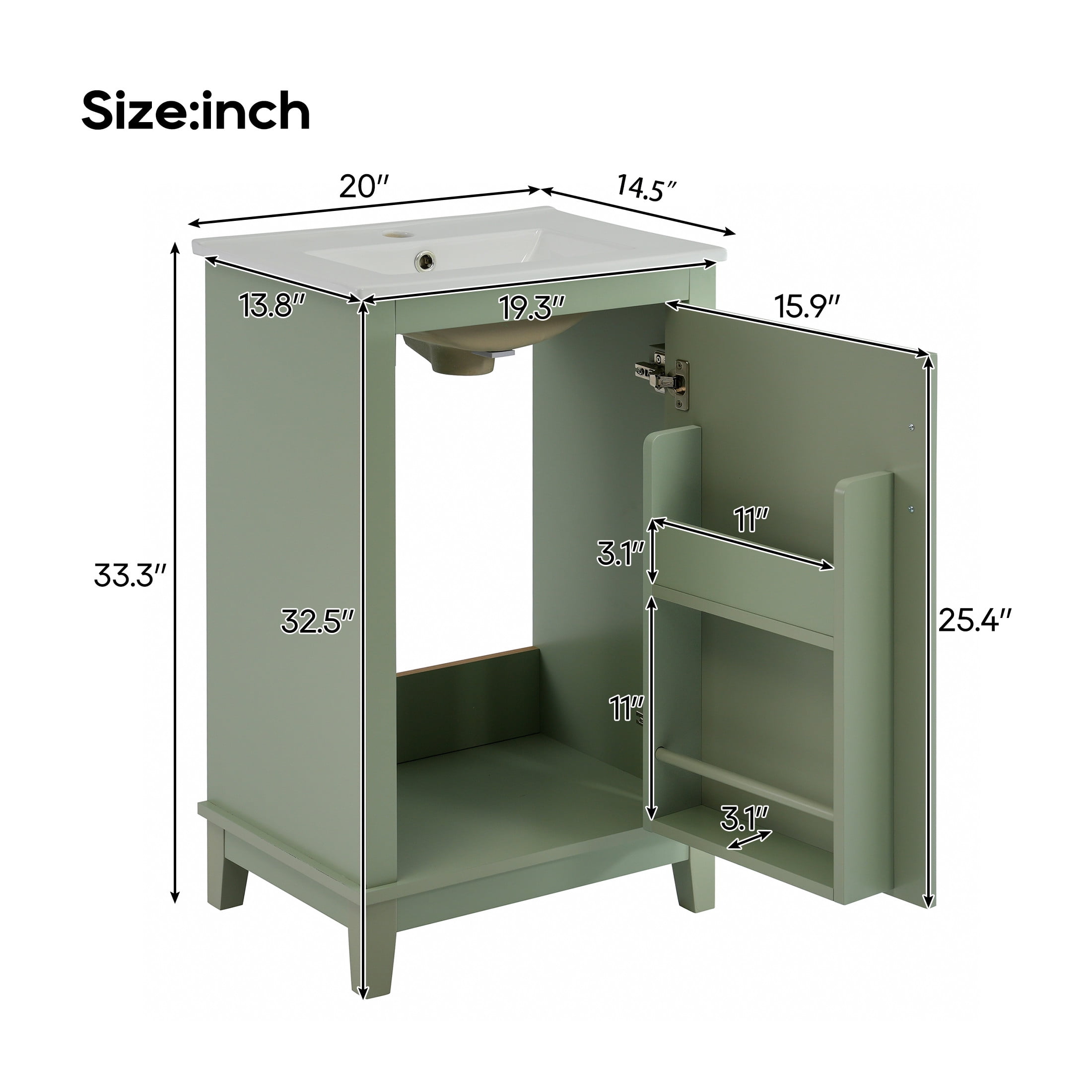 Jivora Modern Bathroom Vanity with Ceramic Sink, Storage, Shelves, Wood, Green