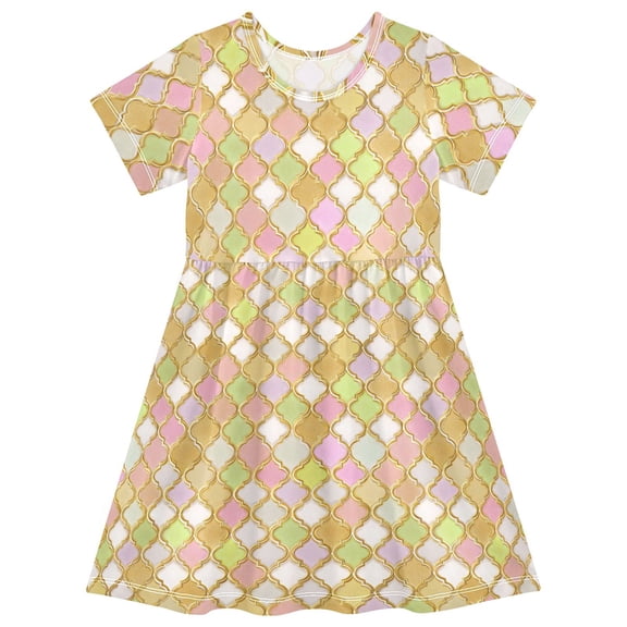 joogoo Pastel Moroccan Pattern Girls' Short Sleeve Dress Kids Dresses 5-6T